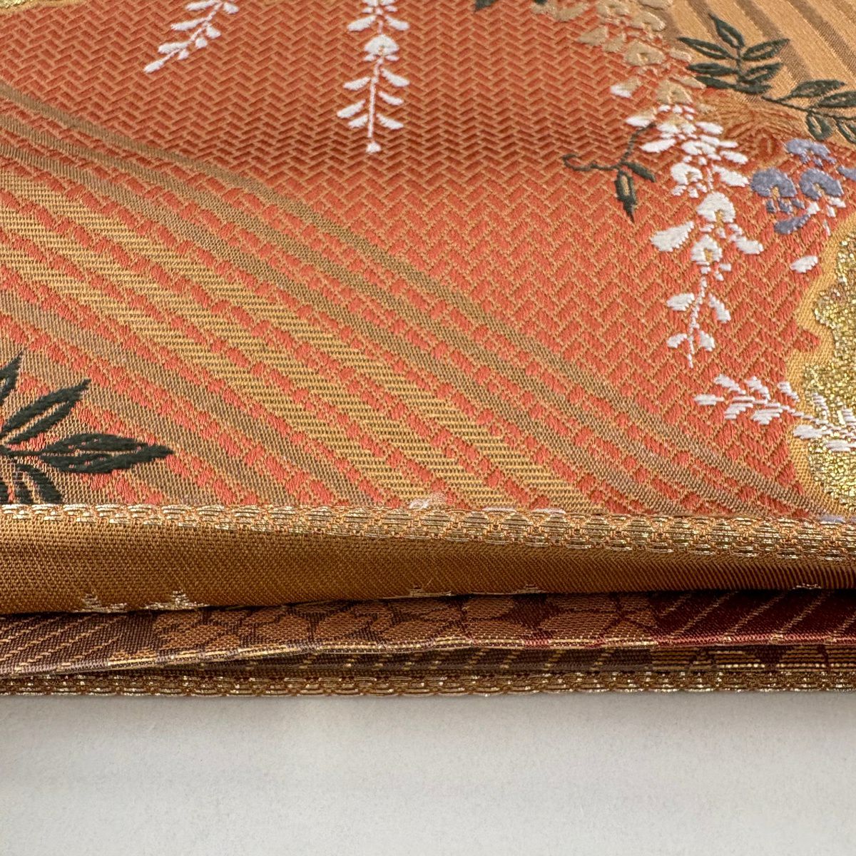 袋帶 秀品級 雪輪 草花紋 金糸 金金箔 薄橙 六通 純蠶絲