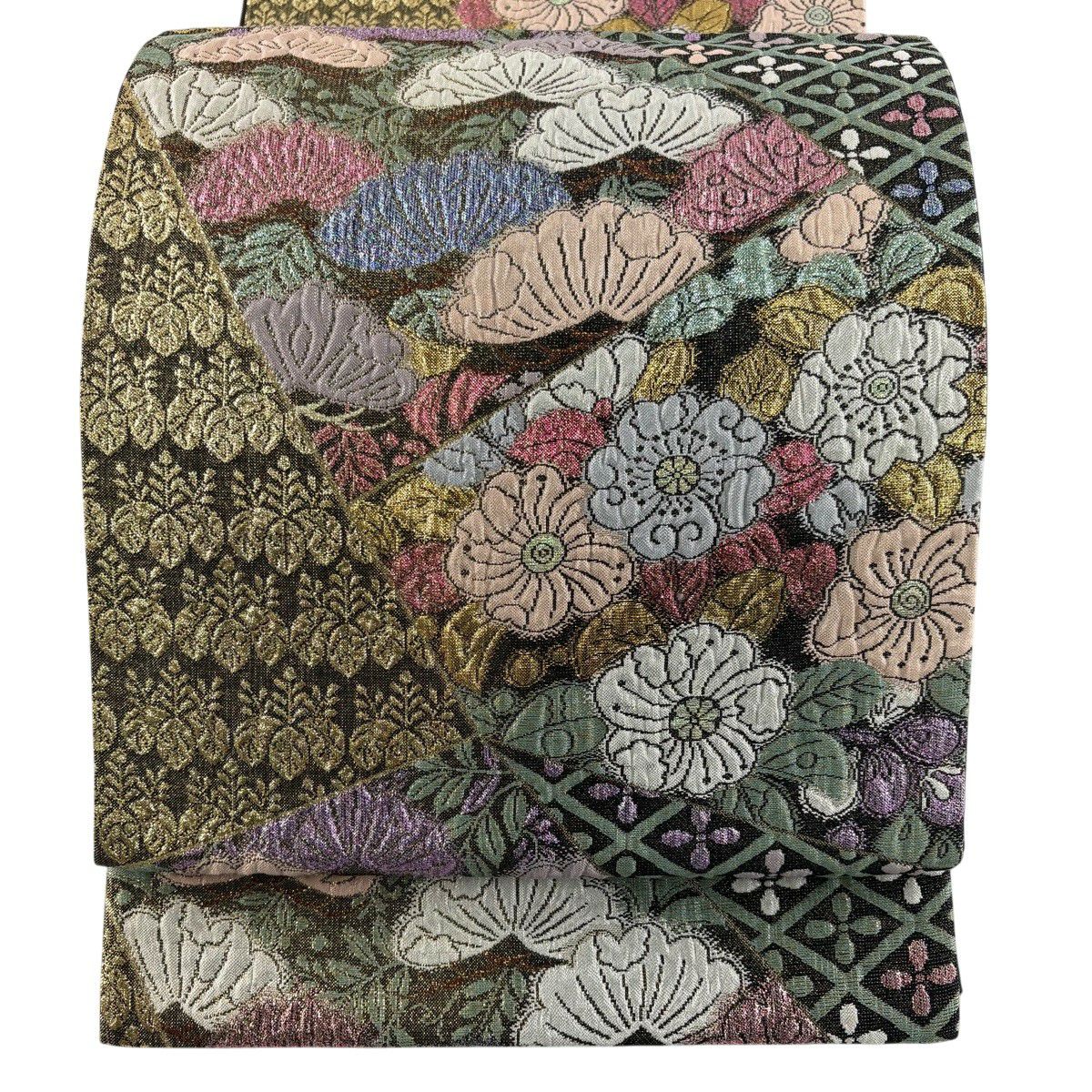 【美品】 袋帶 秀品級 辻花染裂 松樹 金金箔 金絲 黑 六通 純蠶絲
