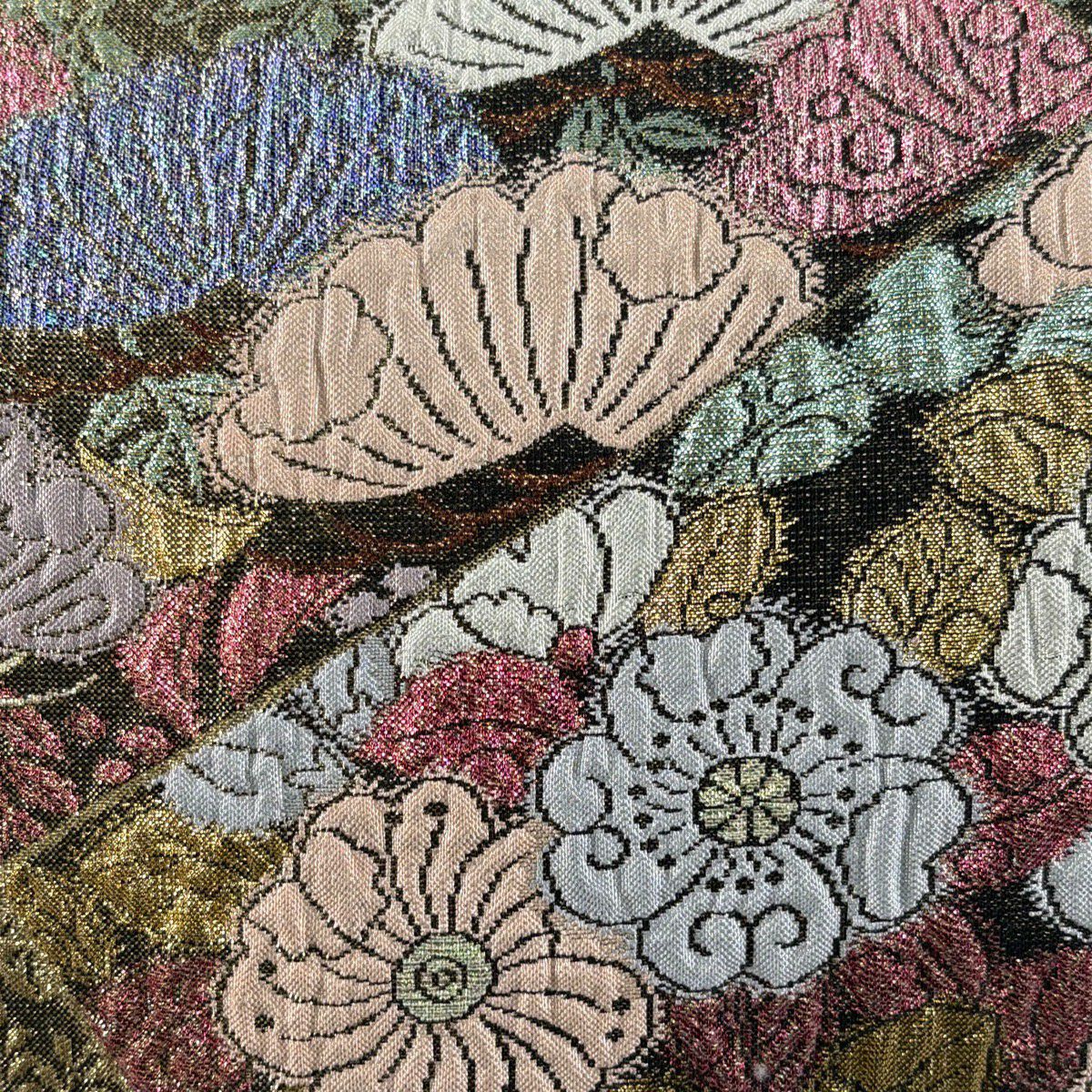 【美品】 袋帶 秀品級 辻花染裂 松樹 金金箔 金絲 黑 六通 純蠶絲