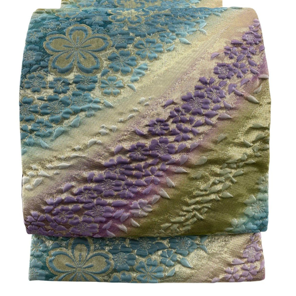 【美品】 袋帶 秀品級 櫻花 金絲 水色 全通 純蠶絲