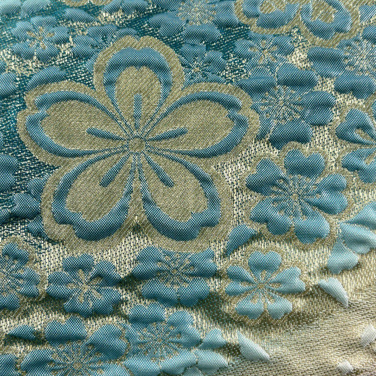 【美品】 袋帶 秀品級 櫻花 金絲 水色 全通 純蠶絲