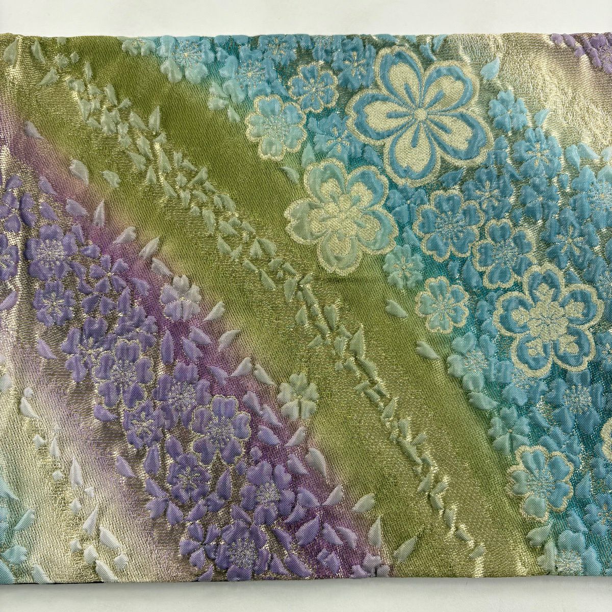 【美品】 袋帶 秀品級 櫻花 金絲 水色 全通 純蠶絲