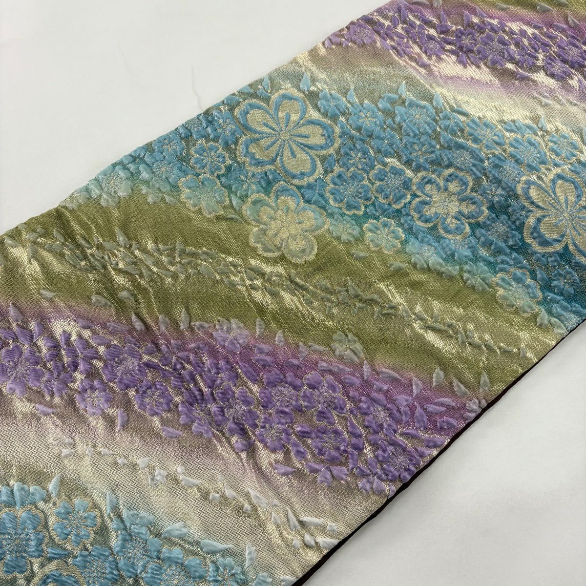 【美品】 袋帶 秀品級 櫻花 金絲 水色 全通 純蠶絲