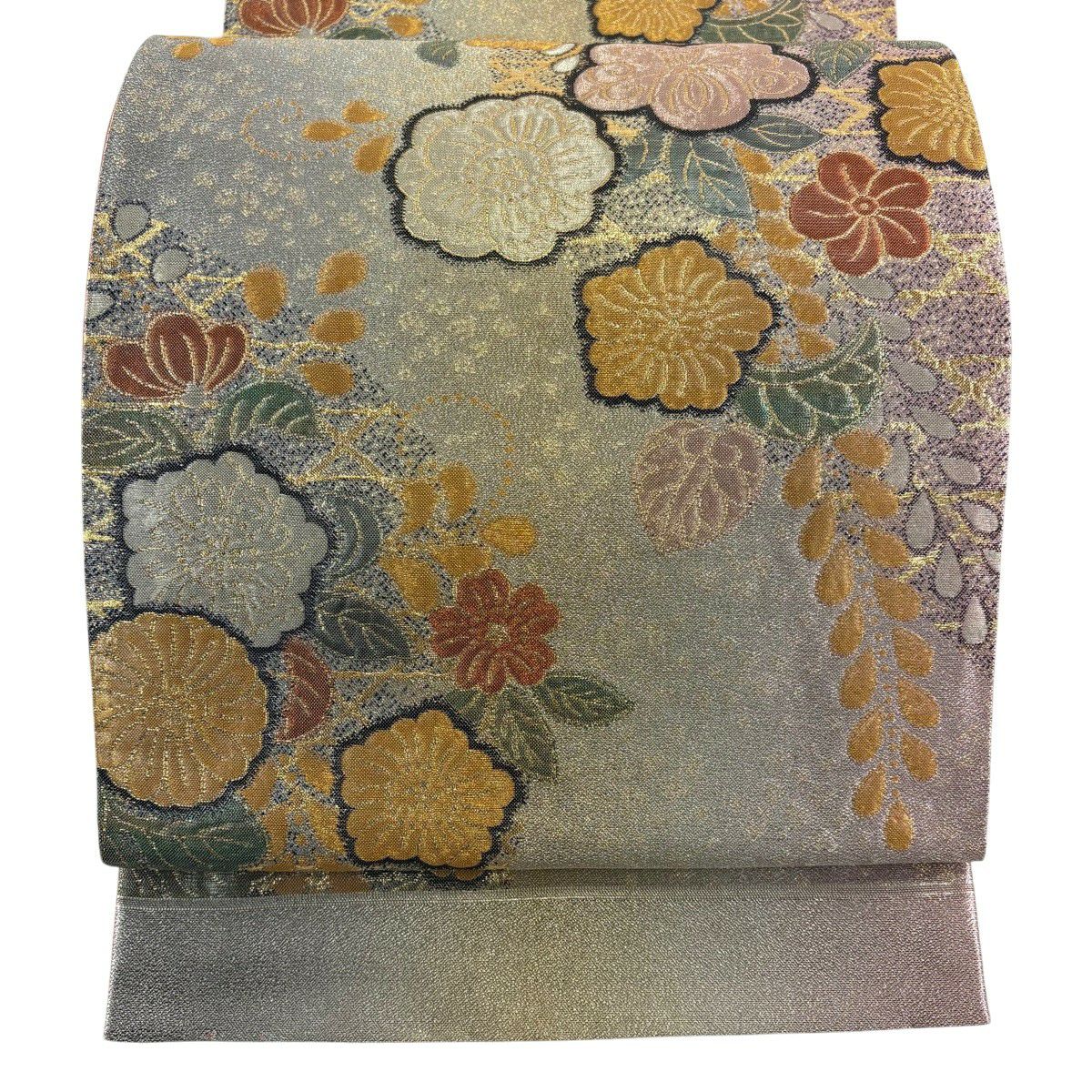 【美品】 袋帶 秀品級 辻花染圖案 金銀彩 金金箔 銀 六通 純蠶絲