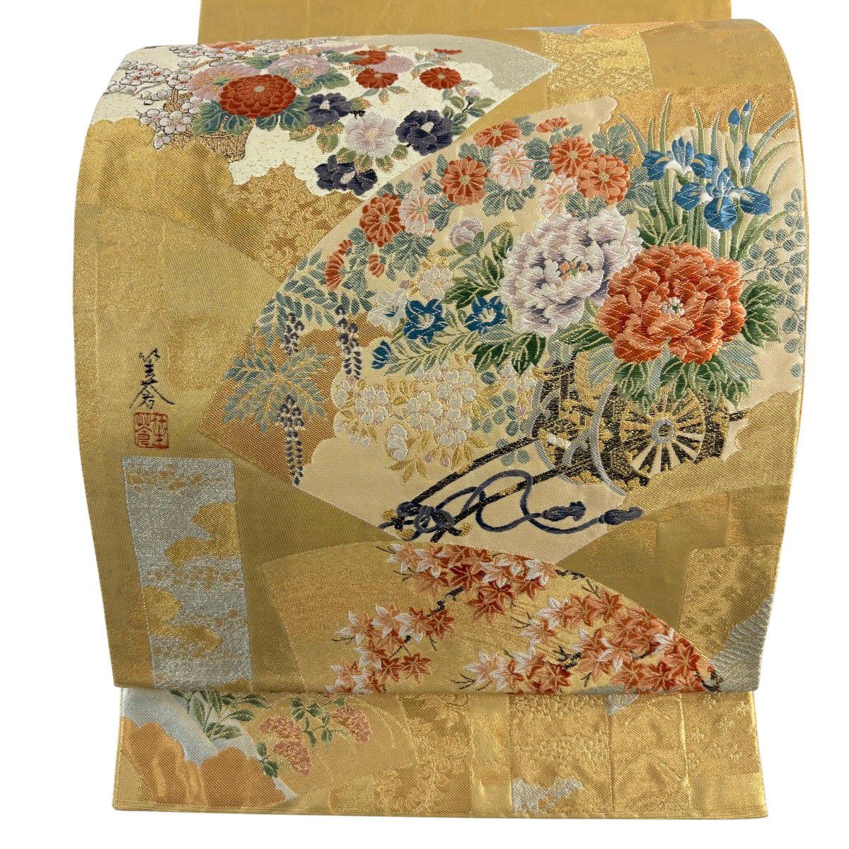 袋帶 秀品級 有落款 關西仕立 扇子面 花車 刺繡 金銀彩 金色 大鼓圖案 純蠶絲