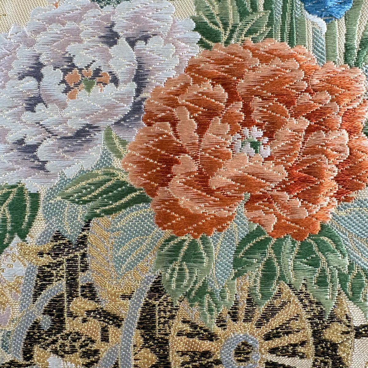 袋帶 秀品級 有落款 關西仕立 扇子面 花車 刺繡 金銀彩 金色 大鼓圖案 純蠶絲