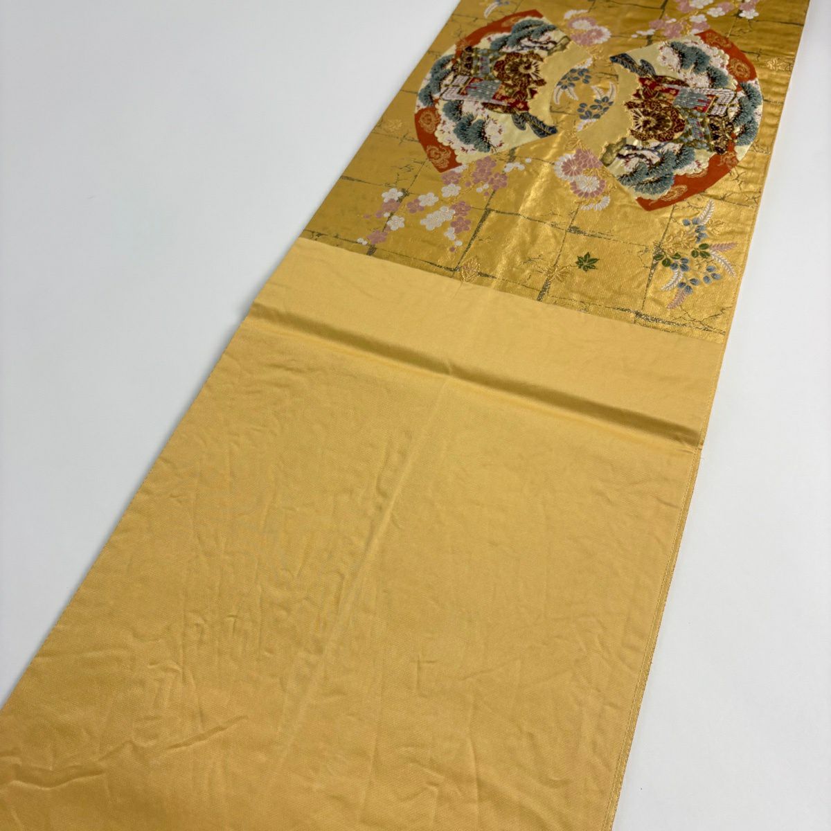 袋帶 秀品級 有落款 關西仕立 扇子面 花車 刺繡 金銀彩 金色 大鼓圖案 純蠶絲