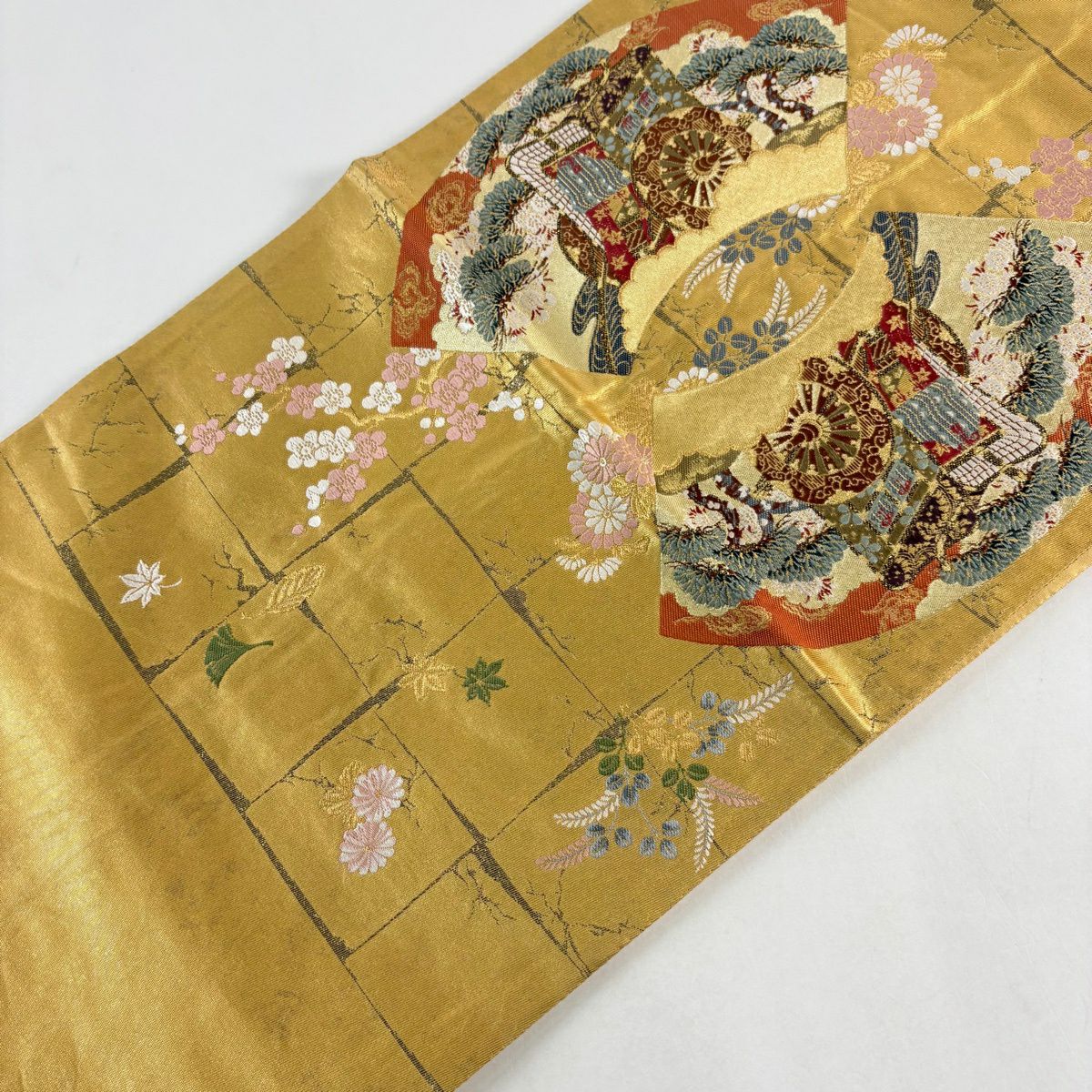 袋帶 秀品級 有落款 關西仕立 扇子面 花車 刺繡 金銀彩 金色 大鼓圖案 純蠶絲