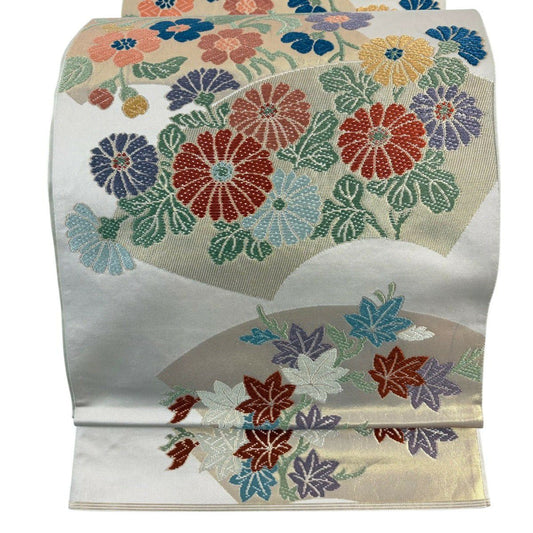 袋帶 秀品級 川島織物 落款あり 關西仕立 雙層 扇子面 草花紋刺繡 金金箔 奶油 六通 純蠶絲