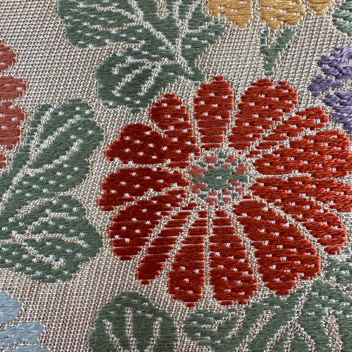 袋帶 秀品級 川島織物 落款あり 關西仕立 雙層 扇子面 草花紋刺繡 金金箔 奶油 六通 純蠶絲