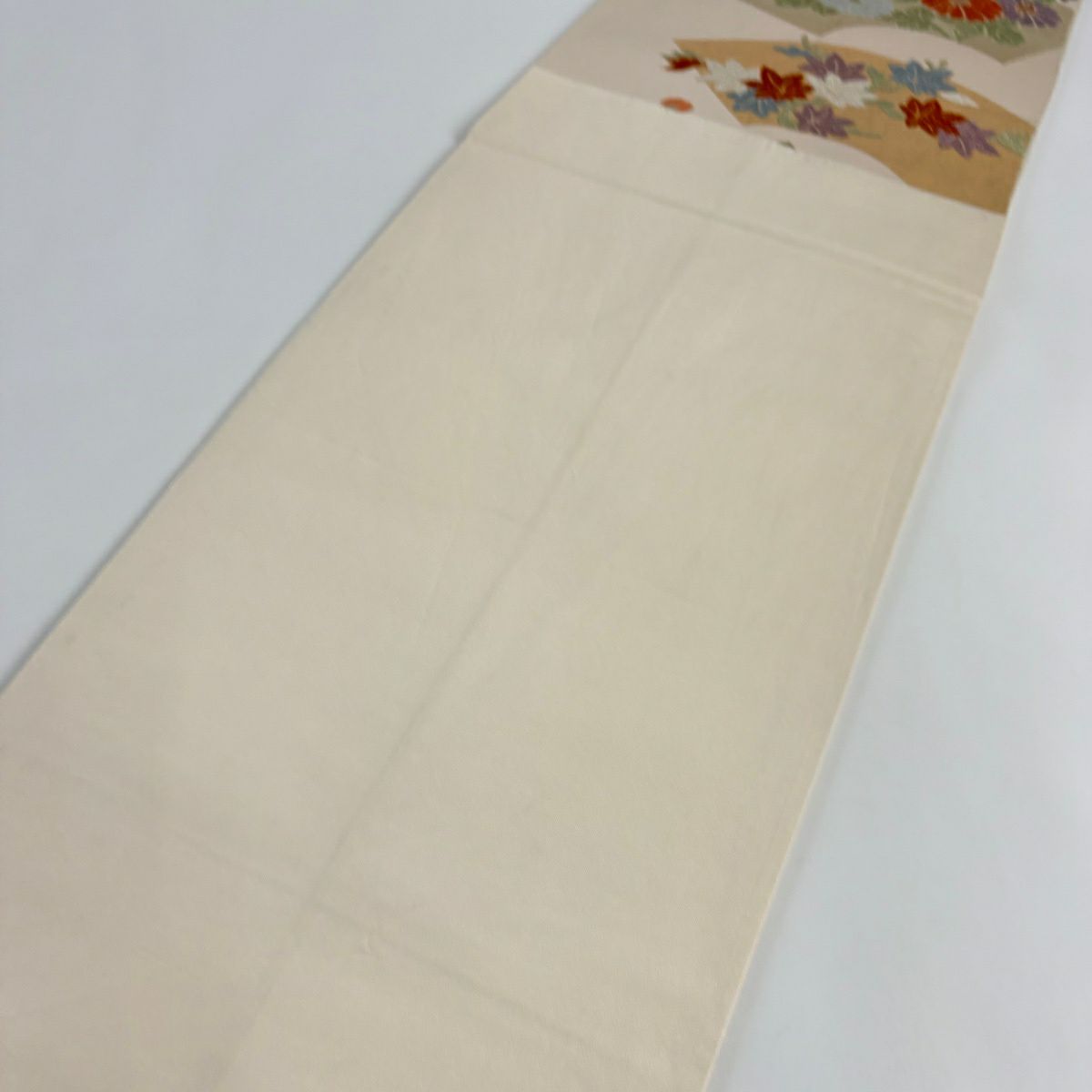 袋帶 秀品級 川島織物 落款あり 關西仕立 雙層 扇子面 草花紋刺繡 金金箔 奶油 六通 純蠶絲