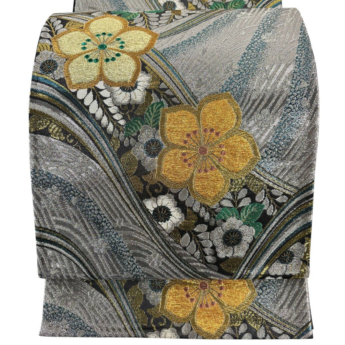 【美品】 袋帶 秀品級 草花紋紋 波 金銀彩 金金箔 銀 六通 純蠶絲