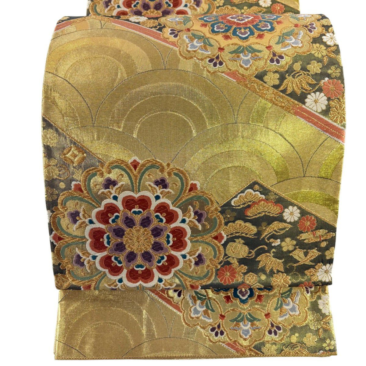 袋帶 秀品級 華紋 寶盡くし 刺繡 金絲 金色 六通 純蠶絲