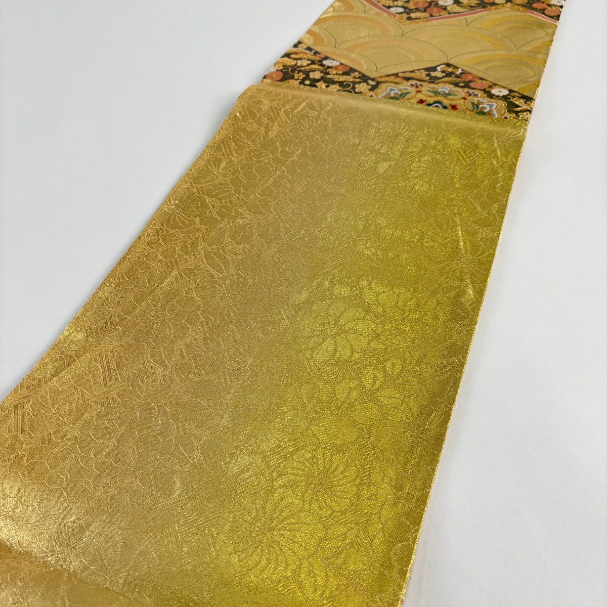 袋帶 秀品級 華紋 寶盡くし 刺繡 金絲 金色 六通 純蠶絲