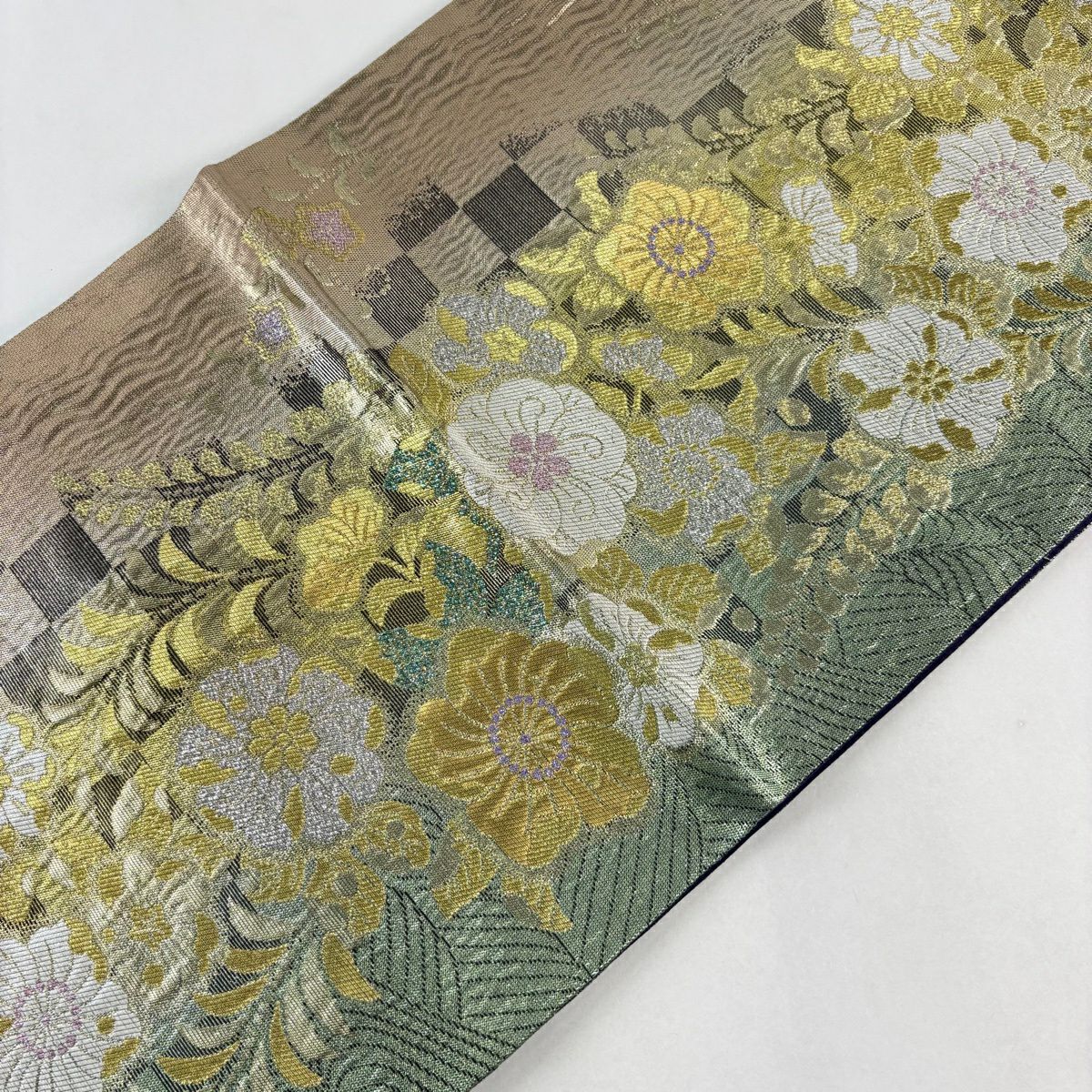 袋帶 秀品級 辻花染圖案 金銀彩 金金箔 灰綠 六通 純蠶絲