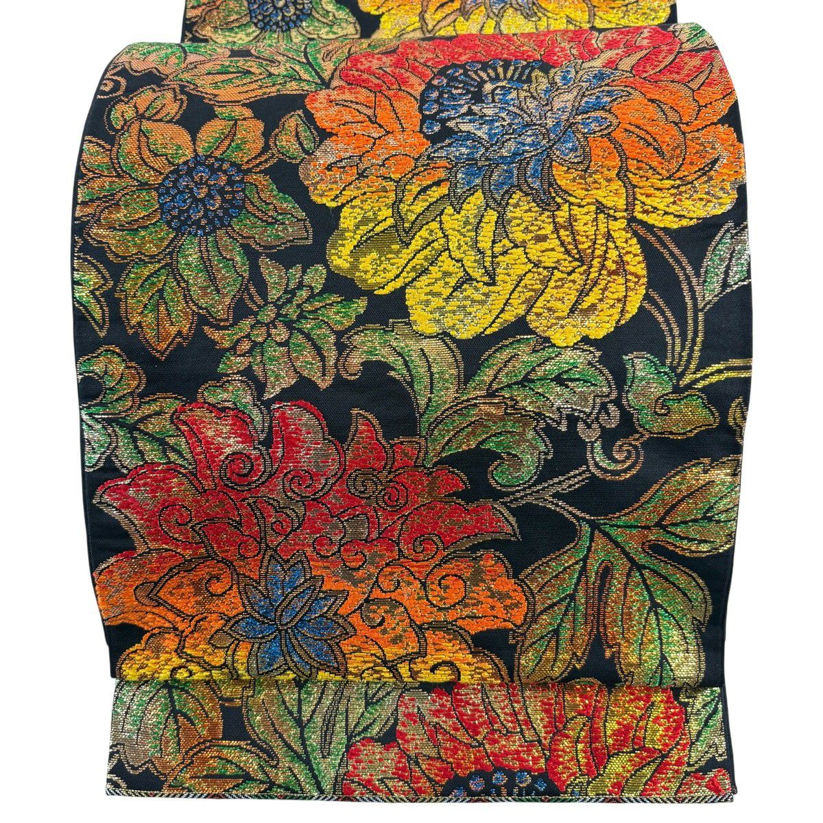 【美品】 袋帶 秀品級 關西仕立 大牡丹印金 金金箔 刺繡 黑 六通 純蠶絲