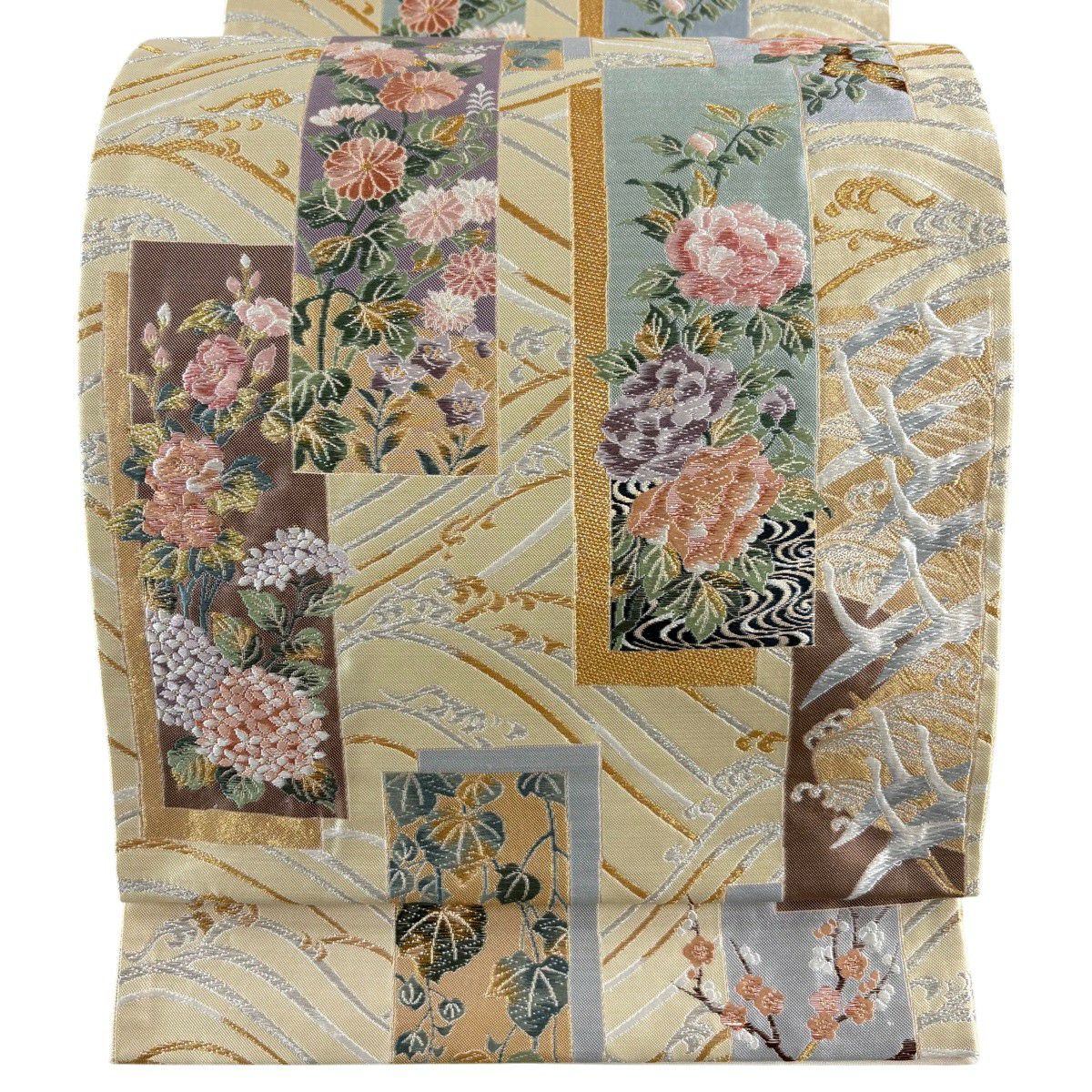 【美品】 袋帶 秀品級 花鳥四季短冊圖 波頭 刺繡 金銀糸 米色 六通 純蠶絲