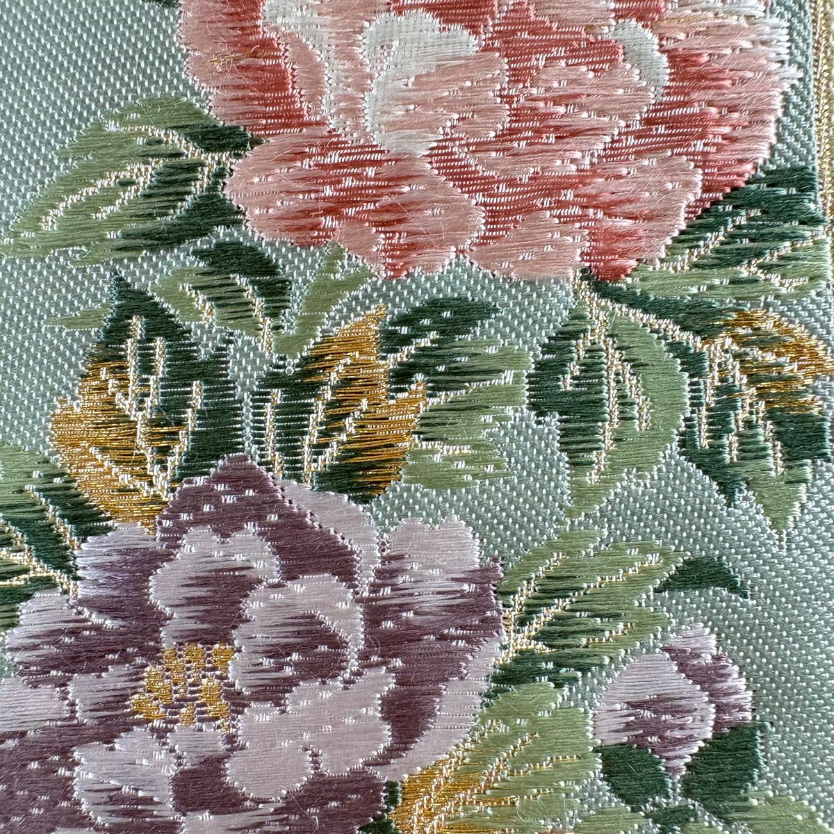 【美品】 袋帶 秀品級 花鳥四季短冊圖 波頭 刺繡 金銀糸 米色 六通 純蠶絲