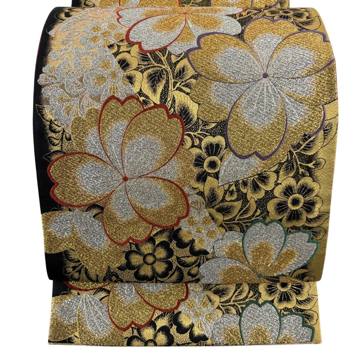 【美品】 袋帶 秀品級 草花紋刺繡 金金箔 金色 六通 純蠶絲
