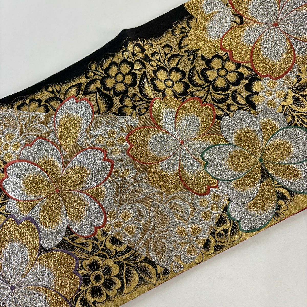 【美品】 袋帶 秀品級 草花紋刺繡 金金箔 金色 六通 純蠶絲