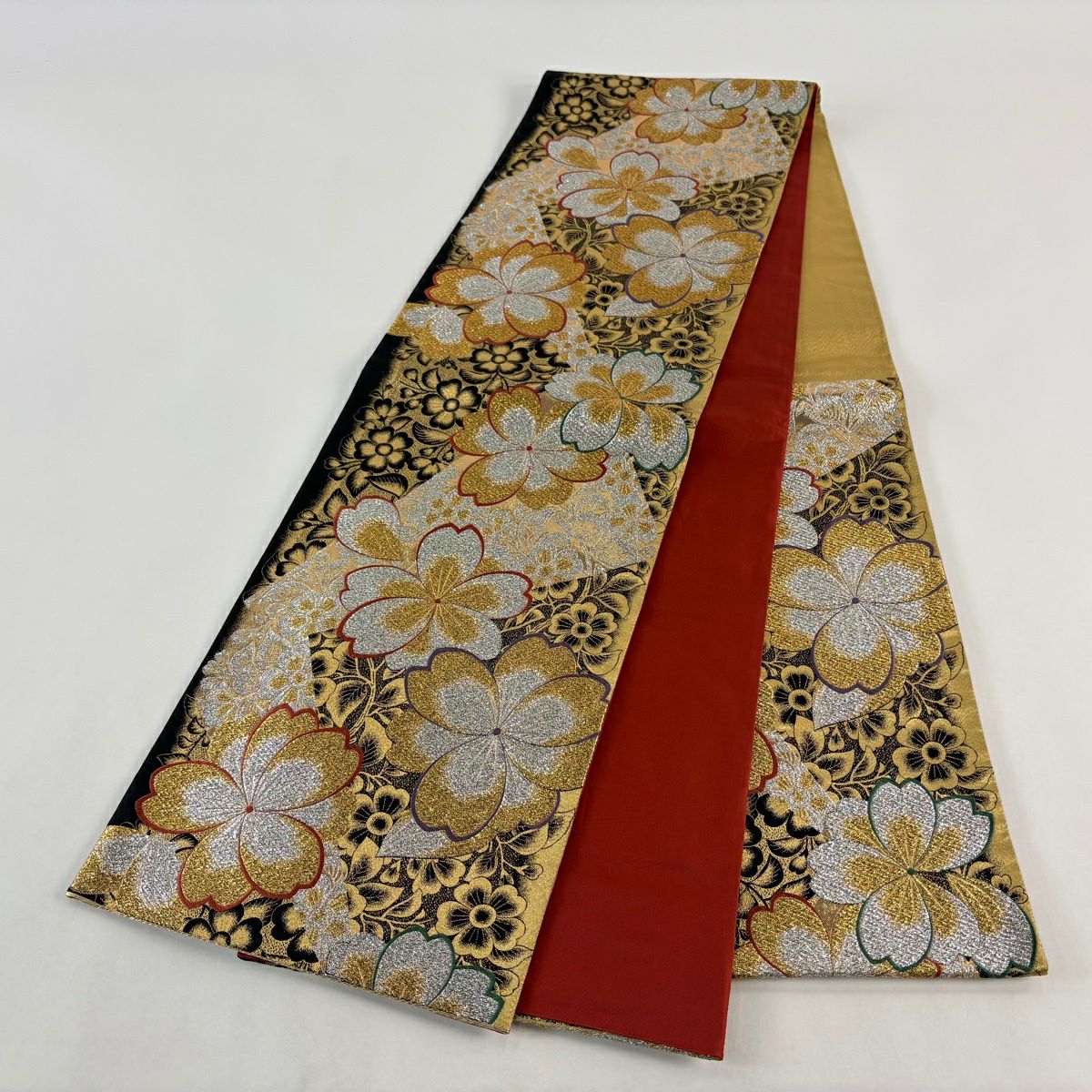 【美品】 袋帶 秀品級 草花紋刺繡 金金箔 金色 六通 純蠶絲