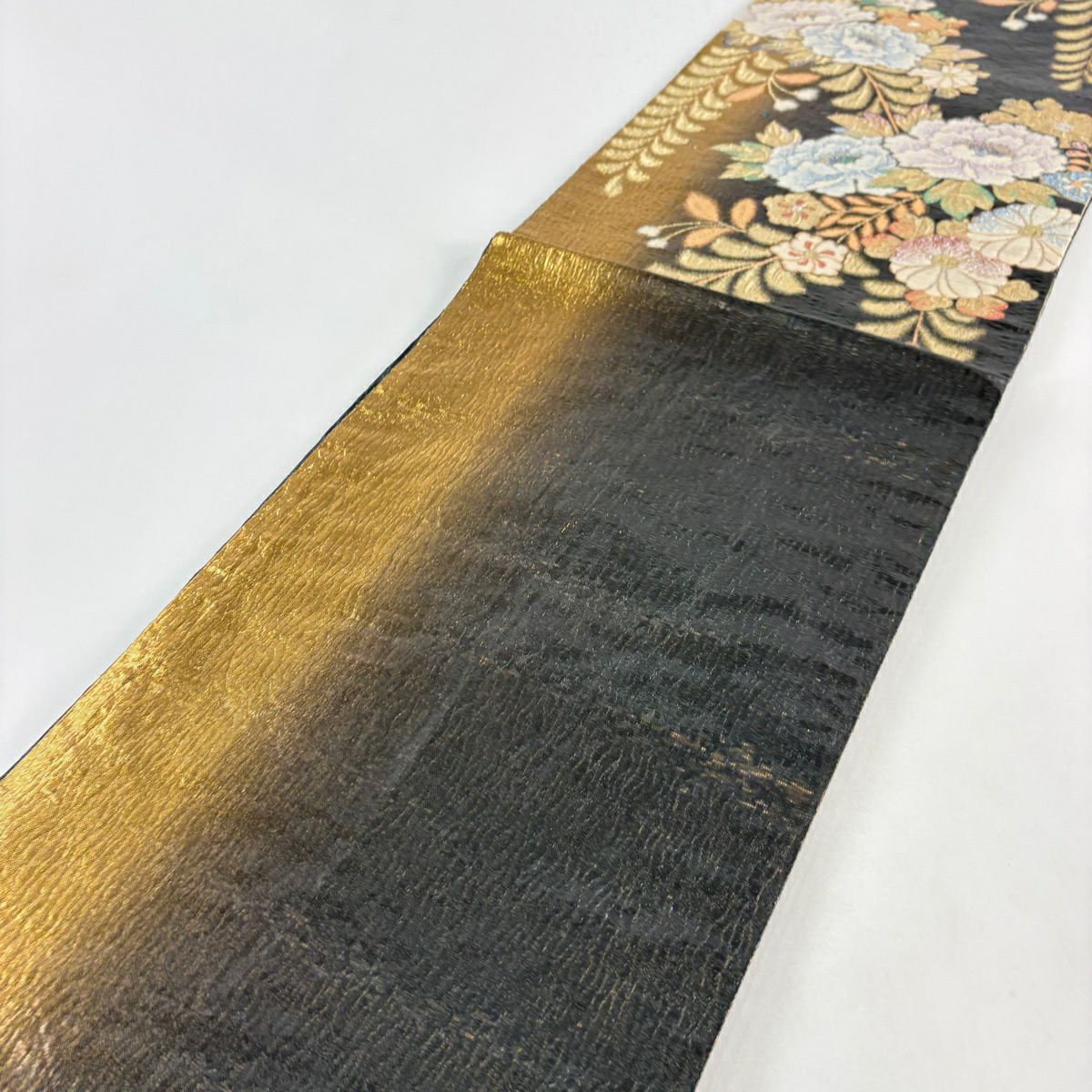 袋帶 秀品級 牡丹 菊花 金絲 金金箔 黑 六通 純蠶絲