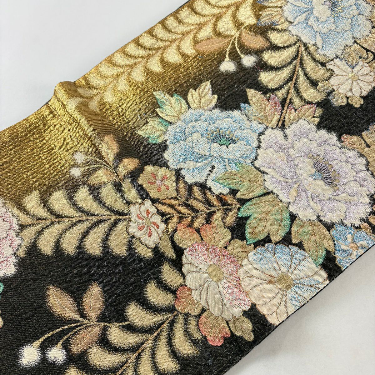 袋帶 秀品級 牡丹 菊花 金絲 金金箔 黑 六通 純蠶絲