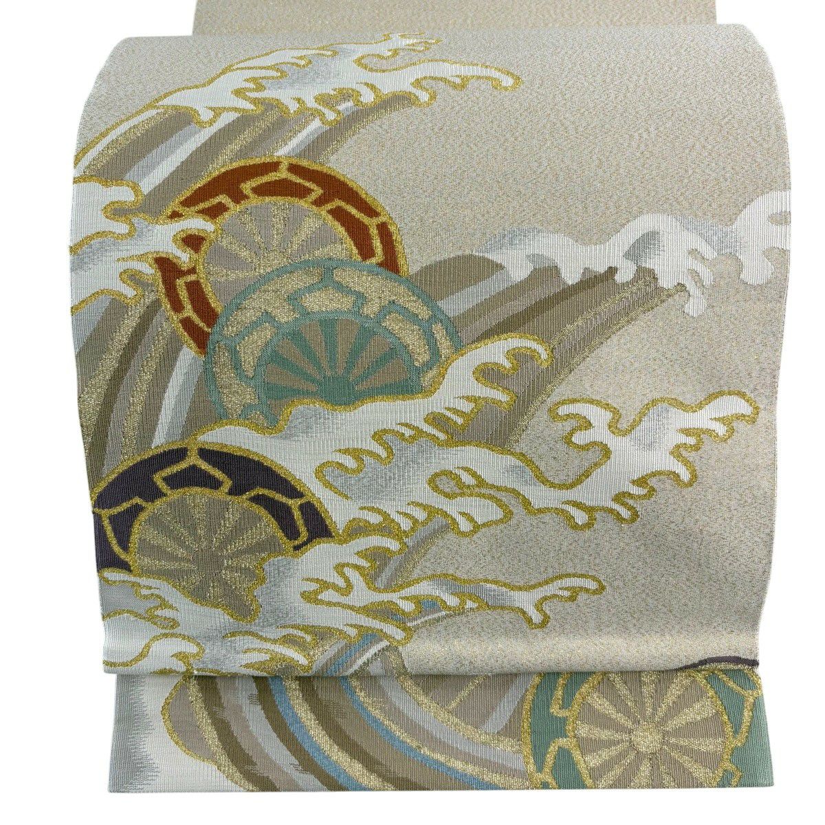 【美品】 袋帶 秀品級 附有落款 片輪車 波頭 金絲 淺茶色 大鼓圖案 純蠶絲