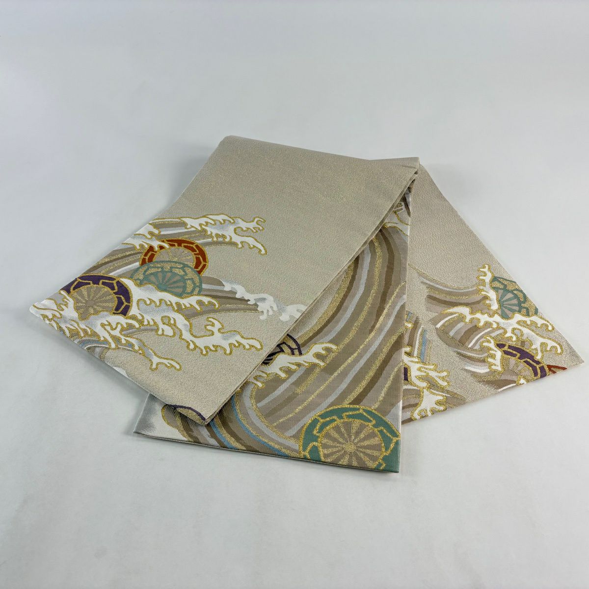 【美品】 袋帶 秀品級 附有落款 片輪車 波頭 金絲 淺茶色 大鼓圖案 純蠶絲