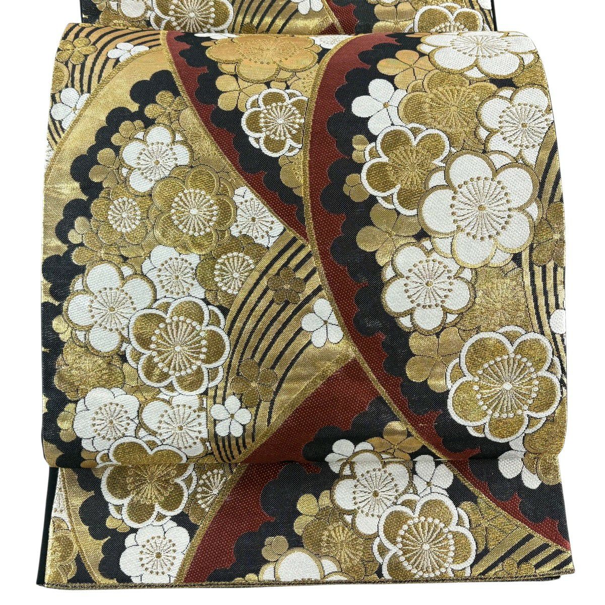 【美品】 袋帶 秀品級 梅花 波 金絲 金金箔 金 六通 純蠶絲