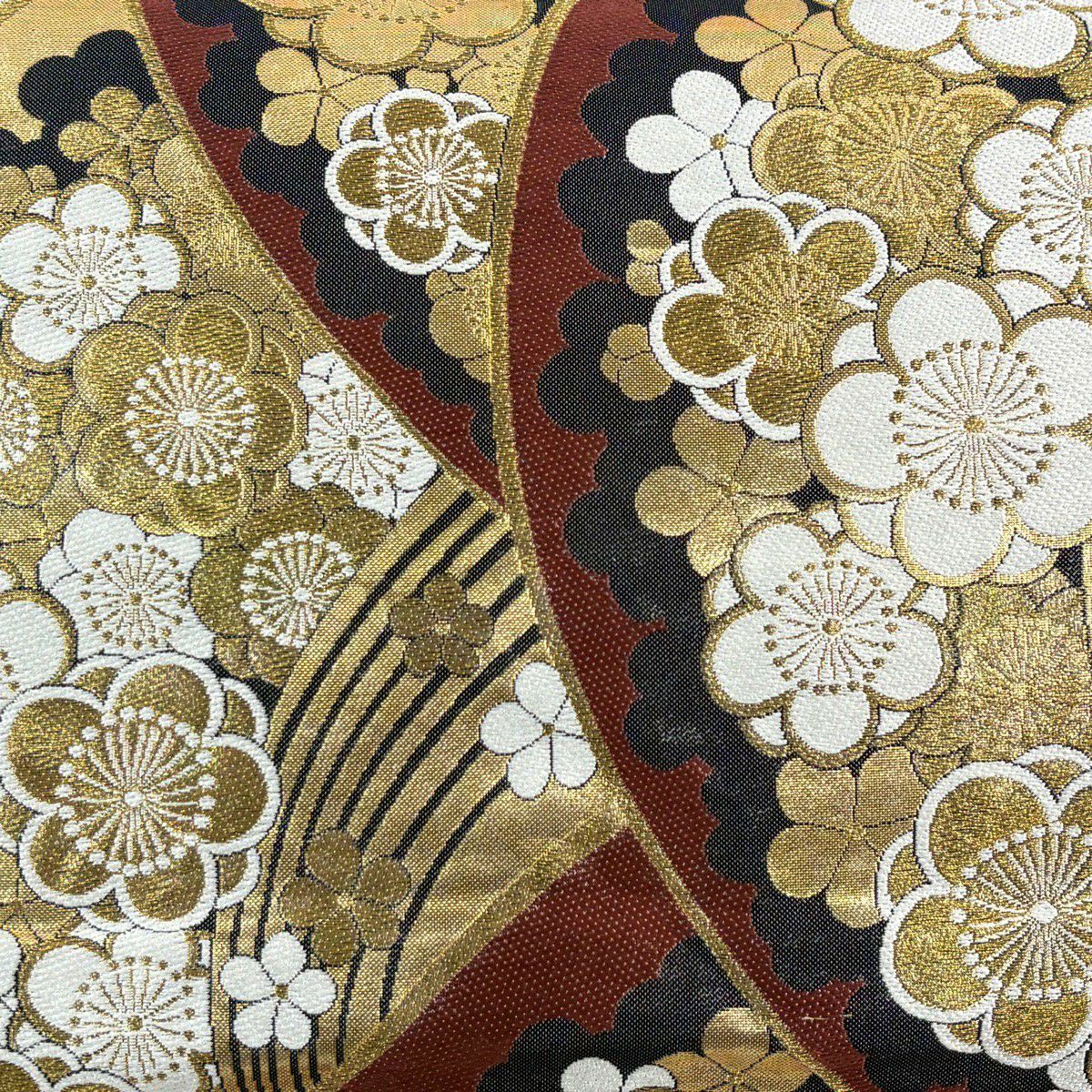 【美品】 袋帶 秀品級 梅花 波 金絲 金金箔 金 六通 純蠶絲