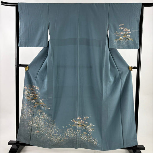 訪問服 身長161cm 袖長64.5cm M 雙層 笠松樹 波 金絲 金銀彩 青灰 純蠶絲 秀品級