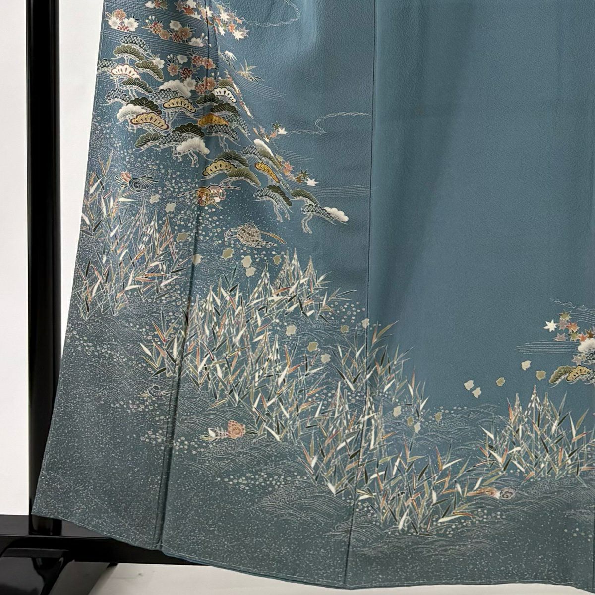 訪問服 身長161cm 袖長64.5cm M 雙層 笠松樹 波 金絲 金銀彩 青灰 純蠶絲 秀品級
