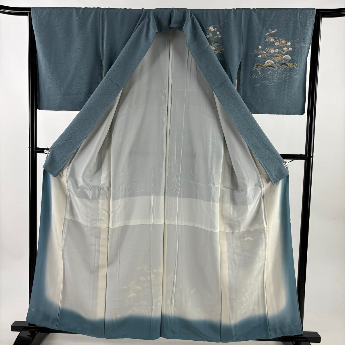 訪問服 身長161cm 袖長64.5cm M 雙層 笠松樹 波 金絲 金銀彩 青灰 純蠶絲 秀品級