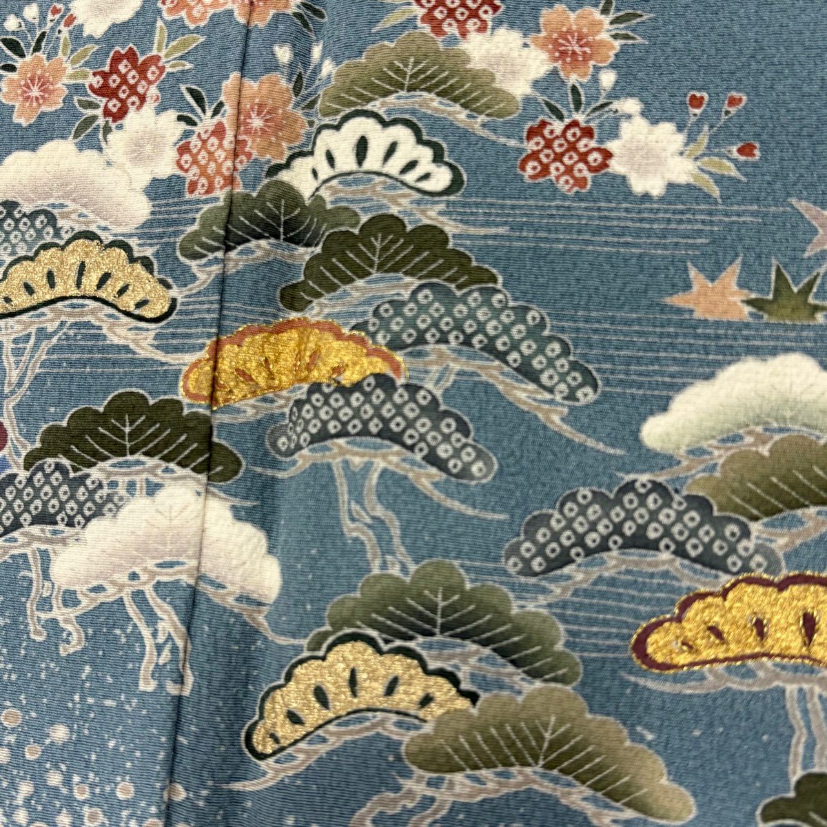 訪問服 身長161cm 袖長64.5cm M 雙層 笠松樹 波 金絲 金銀彩 青灰 純蠶絲 秀品級