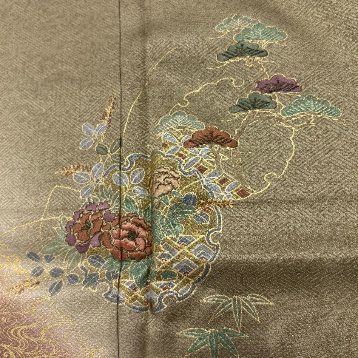 付下 身長166cm 袖長65.5cm M 雙層 雪輪 観世水 刺繡 金彩裝飾 灰茶 純蠶絲 秀品級