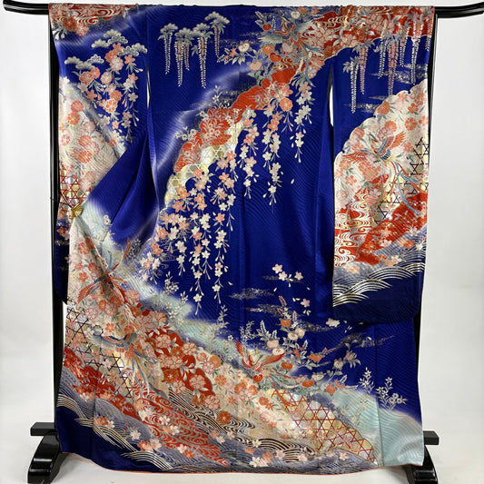 振袖禮服 身長172cm 袖長67cm M 雙層 鳳凰 櫻花 金銀彩 漸層 青紫 純蠶絲 秀品級