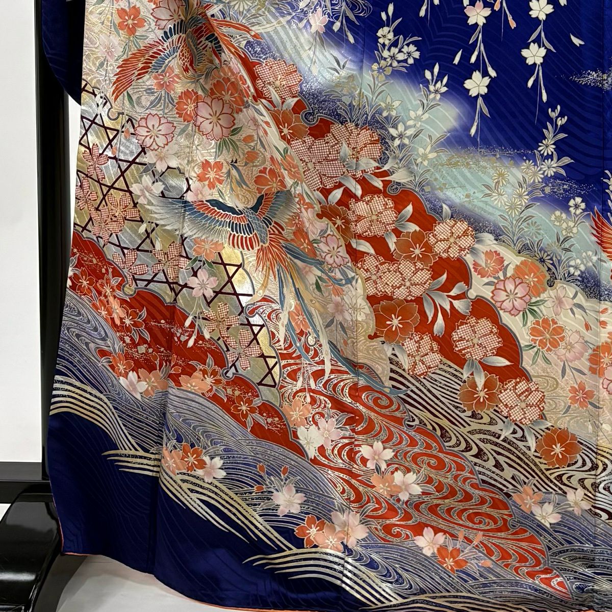 振袖禮服 身長172cm 袖長67cm M 雙層 鳳凰 櫻花 金銀彩 漸層 青紫 純蠶絲 秀品級