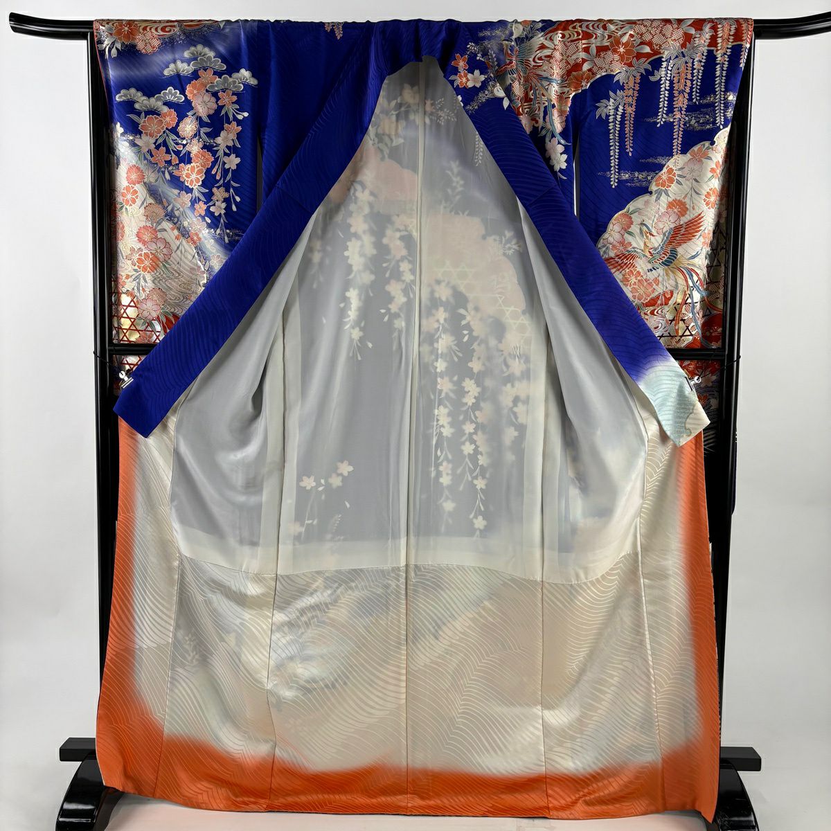 振袖禮服 身長172cm 袖長67cm M 雙層 鳳凰 櫻花 金銀彩 漸層 青紫 純蠶絲 秀品級