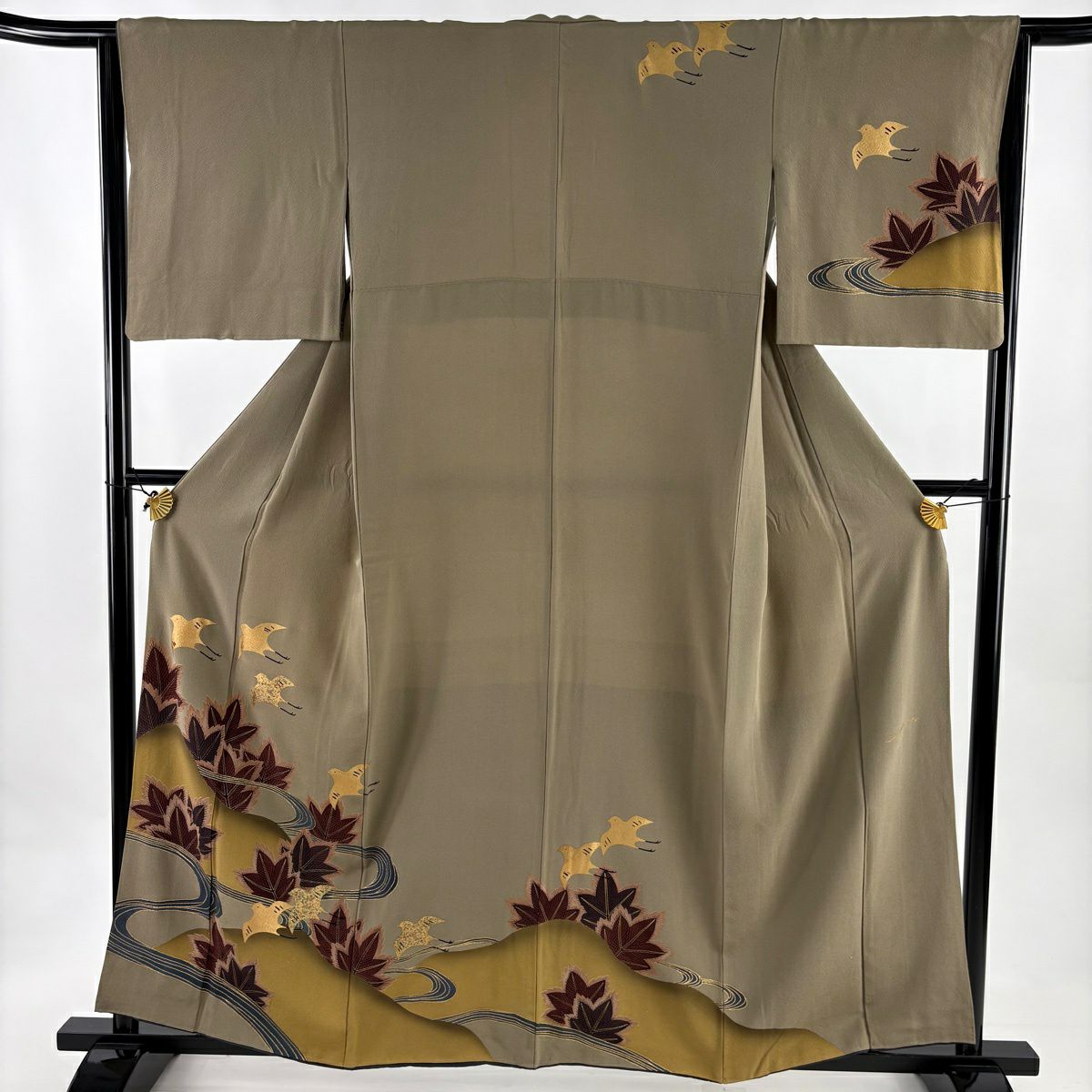 訪問服 身長158.5cm 袖長65cm M 雙層 コシノヒロコ 落款あり 千鳥 若松樹 金銀彩 灰茶 純蠶絲 秀品級