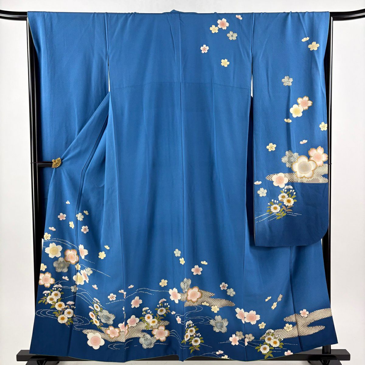 振袖禮服 身長156.5cm 袖長67cm M 雙層 梅花 櫻花 金銀彩 漸層 青 純蠶絲 優品級