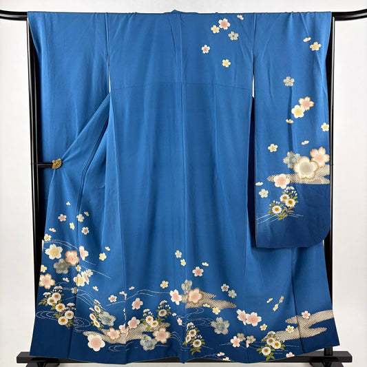 振袖禮服 身長156.5cm 袖長67cm M 雙層 梅花 櫻花 金銀彩 漸層 青 純蠶絲 優品級
