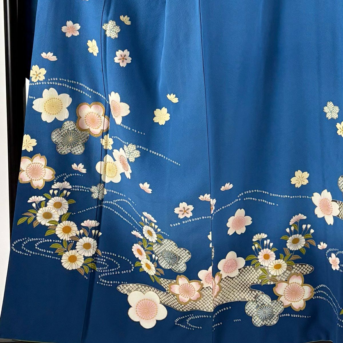 振袖禮服 身長156.5cm 袖長67cm M 雙層 梅花 櫻花 金銀彩 漸層 青 純蠶絲 優品級