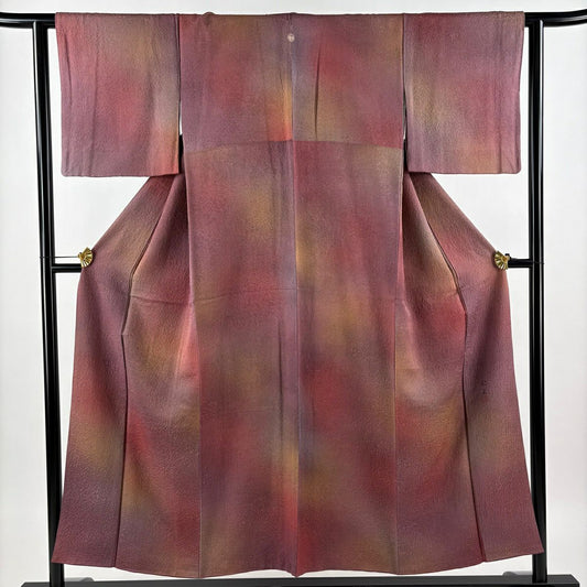【美品】 小紋 身長152cm 袖長62cm S 雙層 落款あり 地紋 漸變 紅紫 純蠶絲 秀品級 一つ紋