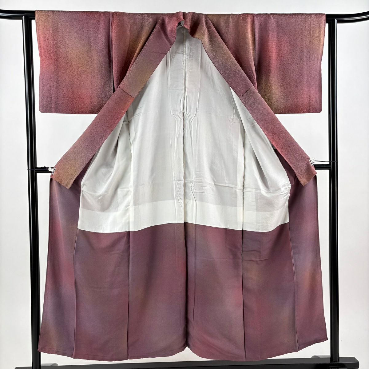 【美品】 小紋 身長152cm 袖長62cm S 雙層 落款あり 地紋 漸變 紅紫 純蠶絲 秀品級 一つ紋