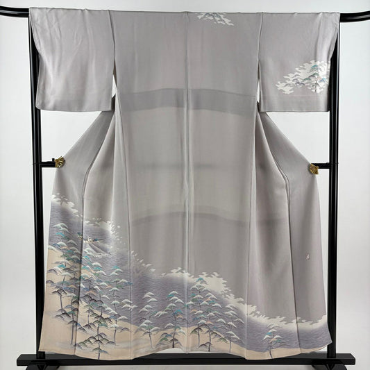 訪問服 身長153.5cm 袖長66.5cm M 雙層 落款あり 網漁 風景 金彩裝飾 縮緬 灰色 純蠶絲 秀品級