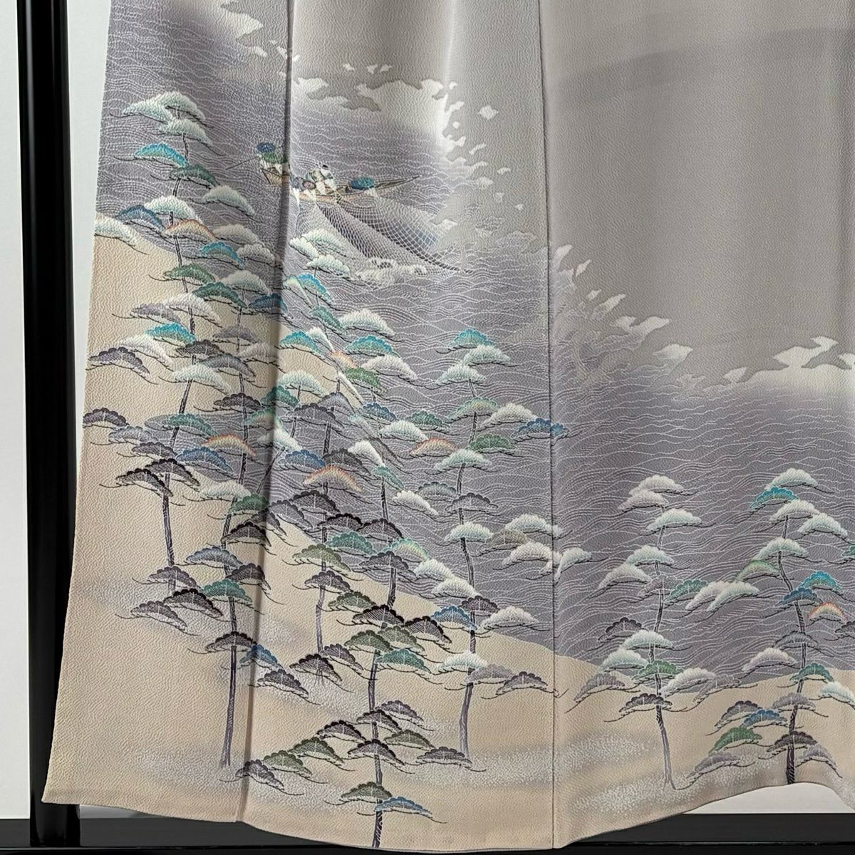 訪問服 身長153.5cm 袖長66.5cm M 雙層 落款あり 網漁 風景 金彩裝飾 縮緬 灰色 純蠶絲 秀品級