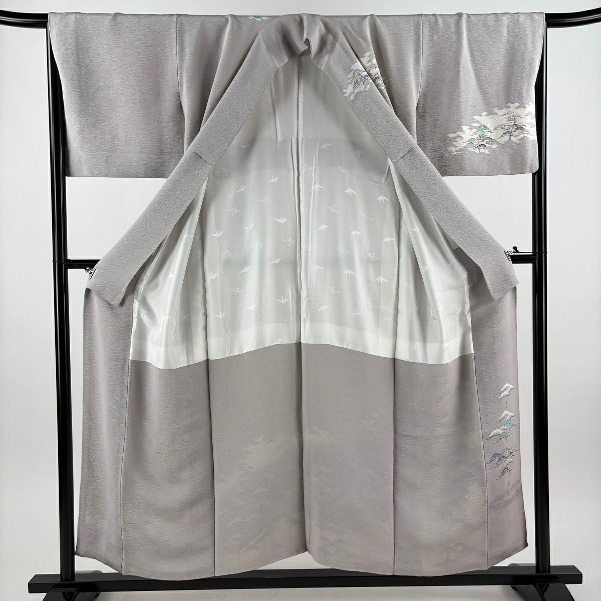 訪問服 身長153.5cm 袖長66.5cm M 雙層 落款あり 網漁 風景 金彩裝飾 縮緬 灰色 純蠶絲 秀品級