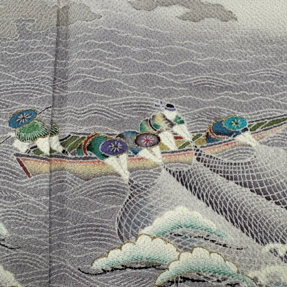 訪問服 身長153.5cm 袖長66.5cm M 雙層 落款あり 網漁 風景 金彩裝飾 縮緬 灰色 純蠶絲 秀品級