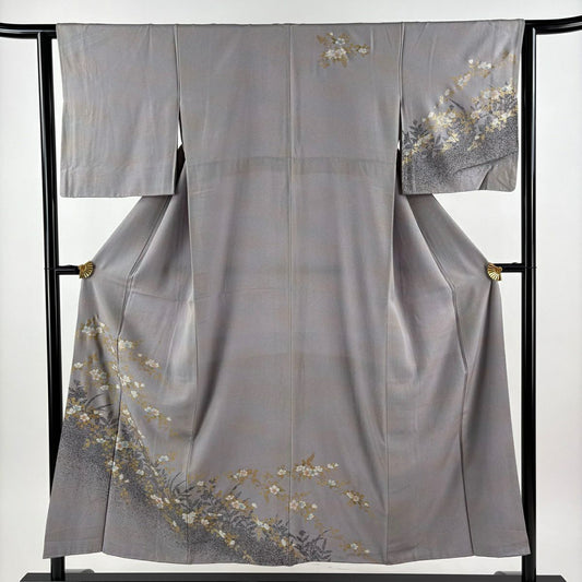 訪問服 身長151.5cm 袖長62.5cm S 雙層 草花紋紋 輪廓 金彩裝飾 漸層 灰色 純蠶絲 優品級